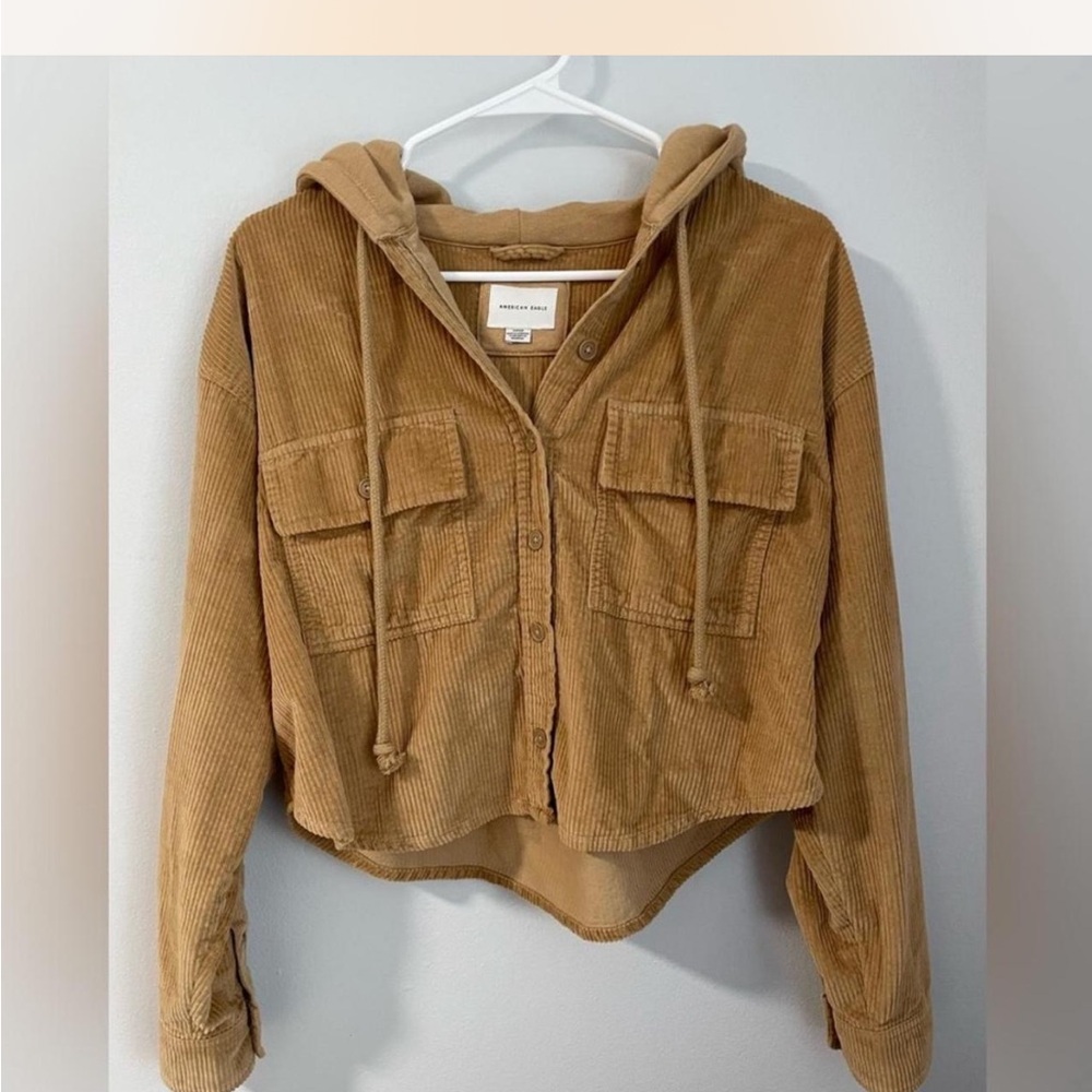 American Eagle Cropped Corduroy Button-Up Hooded